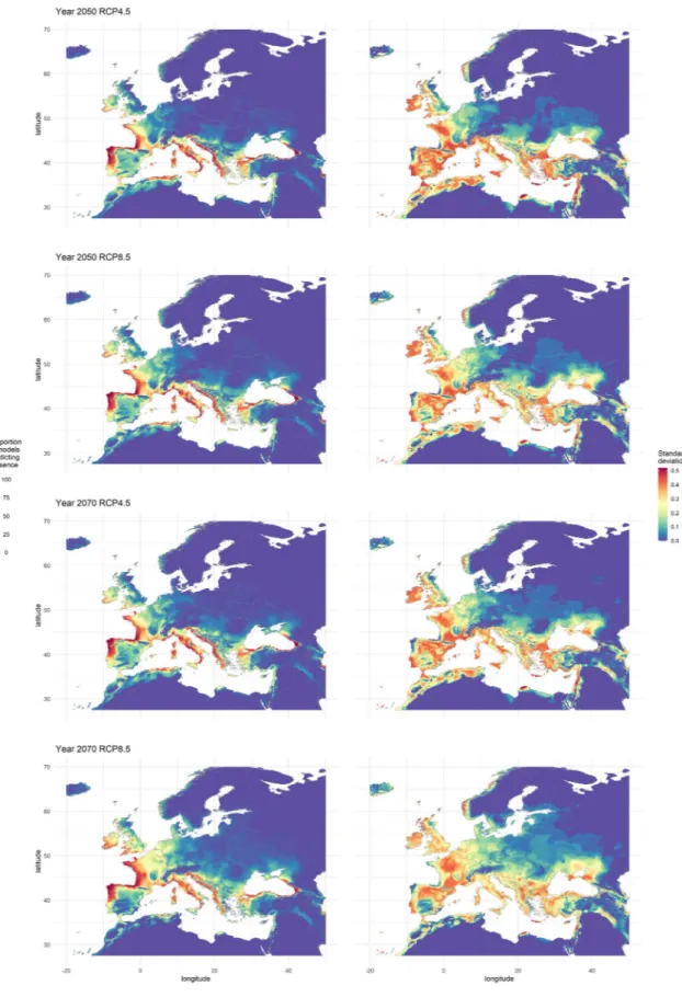 Figure 3.  On the left side, consensus maps showing habitat suitability for Xylosandrus compactus under future  climate for 2 greenhouse gases concentration scenarios (RCP4.5 and 8.5) and for 2 years (2050 and 2070)