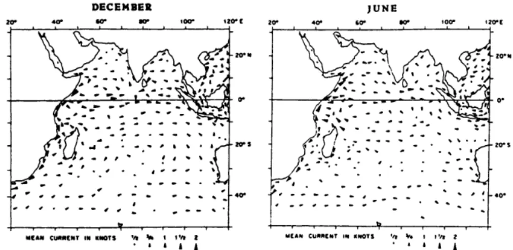 Figure  1.4 General  circulation  of the Arabian  Sea from shipdrift  data, at the height of the NE  monsoon  (December)  and  the  SW  monsoon  (June)