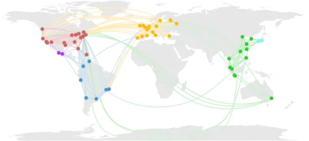 Figure  4.    Mobility  network.  Local  Twitter  users’  mobility  network  between  58  world  cities