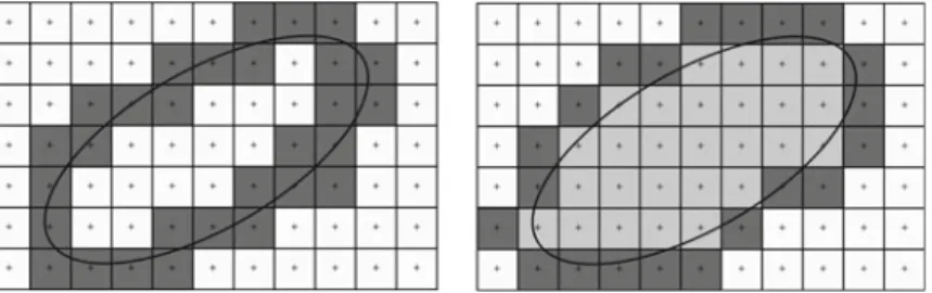 Fig. 1. Digitization’s of an ellipse, on the left according to the morphological principle – we take the pixels which cross the Euclidean ellipse – on the right according to the topological principle – we take the diﬀerence between the pixels that center i