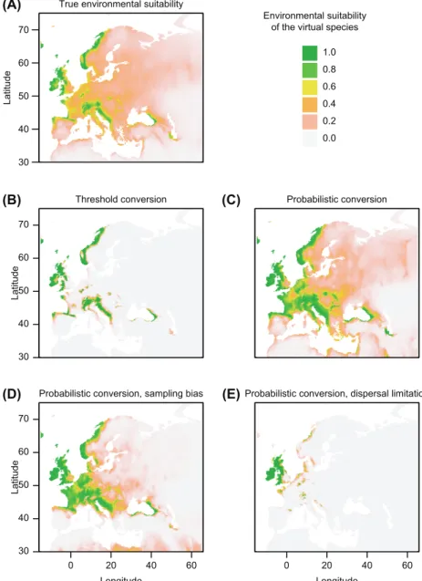 Figure 3. Maps of the (A) true and (B–E) predicted environmental suitability of the virtual species according to the different simulations: 