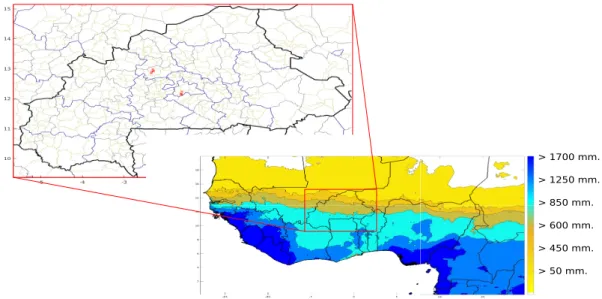 Figure 5: Average annual cumulative rainfall levels (50, 450, 600, 850, 1250 and 1700mm isohyets, CHIRPS data, 0.05 decimal degree resolution, 2000-2015, Funk et al