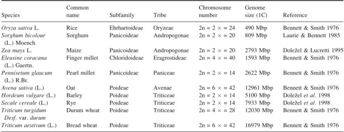 Table 1. The major cereal crops in the Poaceae, their taxonomic classification and their genome characteristics