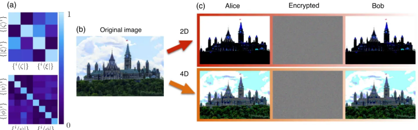 Fig. 3. Simulated encryption of an image with structured photons. (a) Experimentally measured probability-of-detection matrices, P i;j  j i h α j β i j j 2 , where α ; β  f ψ ; φ g , for 2D (top row) and 4D (bottom row) structured photons with turbulence