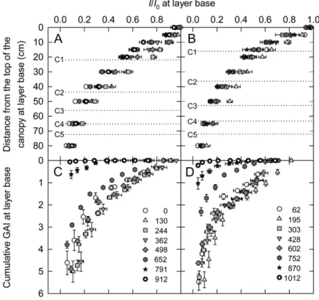 Figure 3. Distance from the top of the canopy (A and B) and cumulative GAI counted from the top of the canopy (C and D) versus relative PPFD determined at different times (expressed as thermal time; base 0°C) between anthesis and maturity for crops of the 