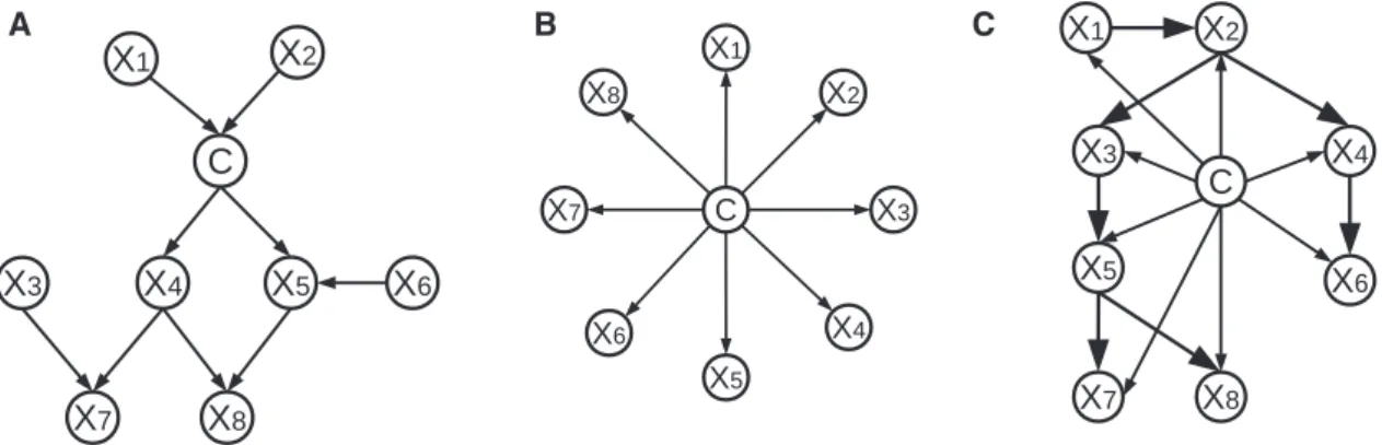 Figure 1. Bayesian network classifiers. (A) General Bayesian network classifier. The class variable is treated as an ordinary node
