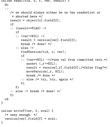 Figure 3.11: Promela specication of transactional read and write opera- opera-tions.