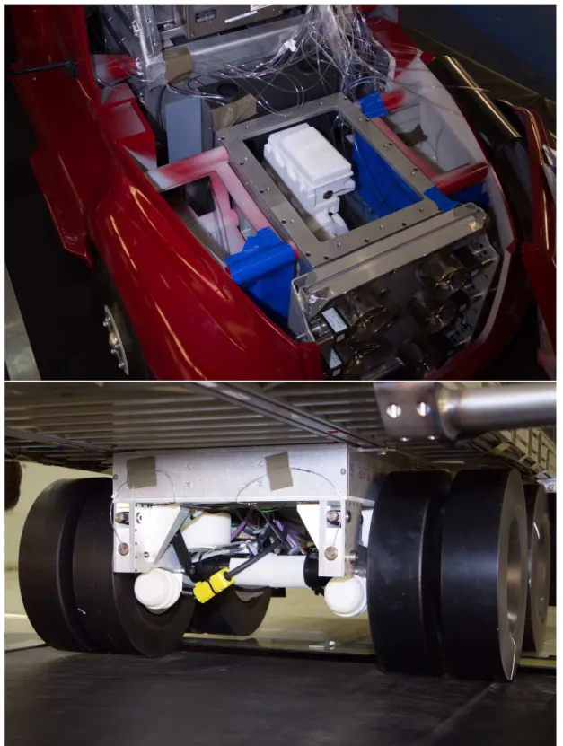 Figure 2.4: Details of the NRC 30%-scale tractor-trailer including engine cavity (top), and trailer wheel assemblies (bottom).