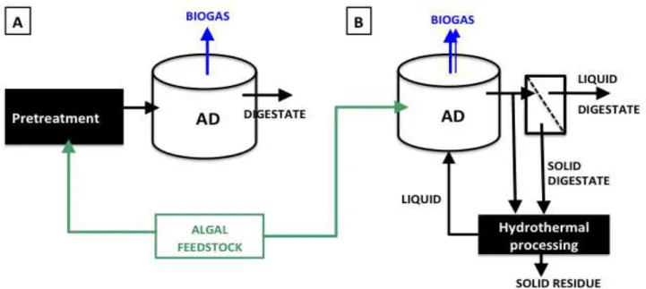 Figure  1.  Schematic  illustration  of  the  post-treatment  concept  (B)  in  comparison  with  the  conventional  anaerobic digestion (AD) approach with pre-treatment (A).