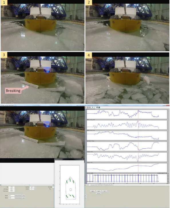 Figure 14: Video image (top) and corresponding hull loads and motions (bottom) during ice floe breaking