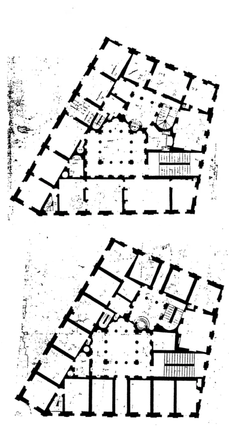 Fig.  8  - Raphael's  house  on the via Giulia:  plans  of piano nobile  and ground  floor (author, based on Uffizi  310 A  and 311  A)