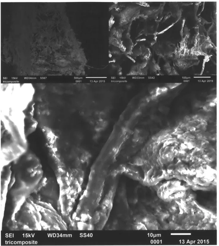 Figure 4.7  Scanning electron  microscopy of a  cross  section of a triple composite  sample at the  500, 100,  10  micron  scales  (top  left,  top  right,  bottom,  respectively),  again  showing  the  material's porosity and homogeneous  ceramic-gel  ma