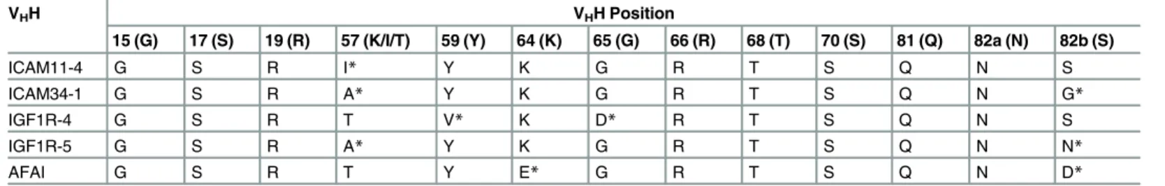 Table 1. FR sequences of five non-SpA-binding V H Hs at SpA contact positions.