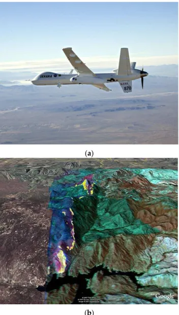 Figure 4. (a) NASA Ikhana UAV, a modified General Atomics Predator-B drone used for forest fire mapping; (b) Infrared imagery from the AMS sensor system aboard the UAV overlaid on a Google Earth map