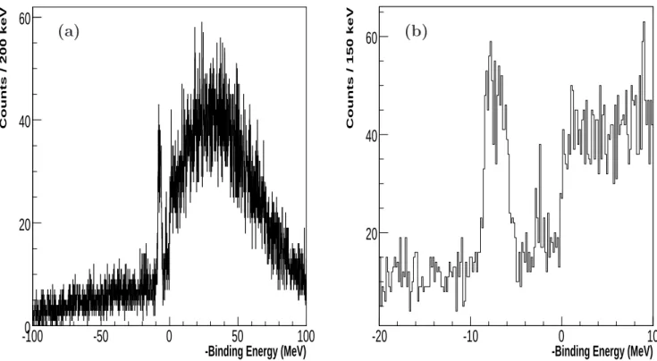FIG. 2. The binding-energy spectrum obtained after kaon selection with aerogel detectors and RICH in (a) the whole energy range and (b) restricted to the region of interest.