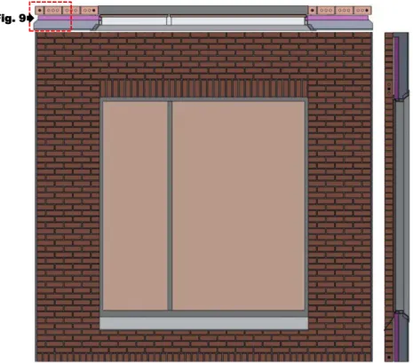 Figure 8 – Elevation view, and horizontal and vertical sectional views of   prefabricated brick masonry single-window wall panel 