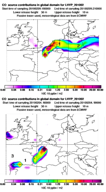 Fig. 3. Maps showing the typical CO source contributions observed for the continental (a) and oceanic (b) wind regime during the  mea-surement campaign at LHVP.