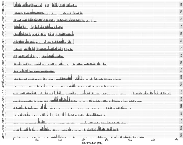 Fig. 3    Physical distribution of SNP loci across the B. napus genome. The SNP loci were aligned to the genome of spring-type DH12075 based  on BLAT scores, with the numbers of SNP loci per 125 Kb window indicated on the y axis for each chromosome