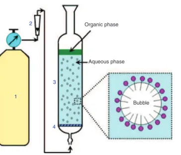 Fig. 5: Typical apparatus for extraction based on sublation. Identification: (1) nitrogen gas supply; (2) rotameter; (3) floatation  cell; and (4) sintered glass disc [5].