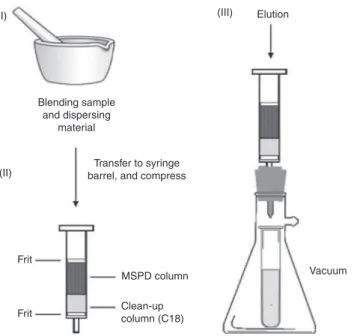 Fig. 8: Typical work flow scheme for solid-phase matrix dispersion. (i) Sample is blended with an abrasive sorbent, (ii) free  flowing powder containing sample is packed in a short column, and (iii) target analytes are recovered by elution.