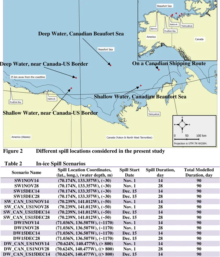 Figure 2  Different spill locations considered in the present study   Table 2  In-ice Spill Scenarios 