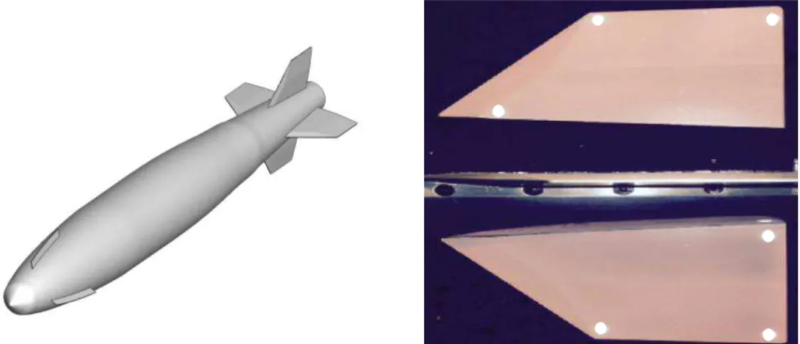 Figure 2: Left: GBU-38 store with nose strakes. Right: Store horizontal fins painted with PSP