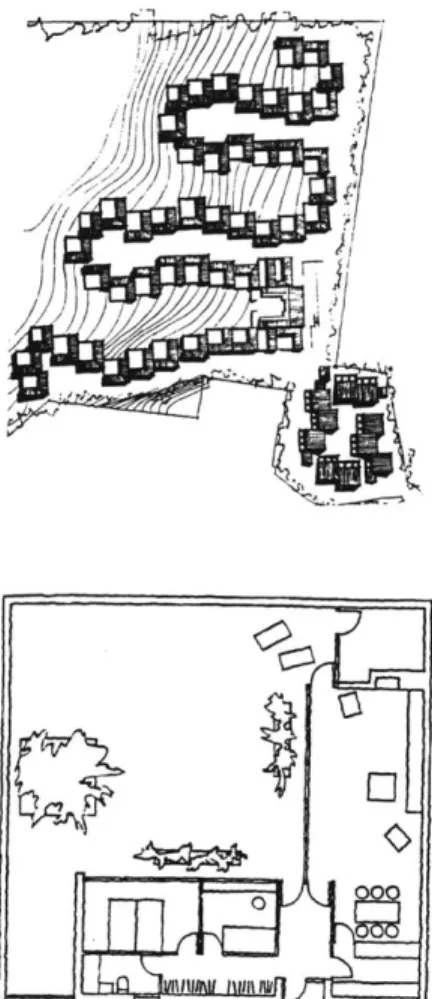 Fig. 9  Kingo Houses, near Elsinore, Zealand, 1950-60, general site plan, cross section and ground floor plan of a  typical  house  unit  with  garden