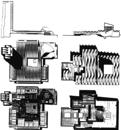 Fig. 10  Competition scheme for the highschoolat Elsinore,Zealand  1958, longitudinal section,  roof plan and ground floor plan