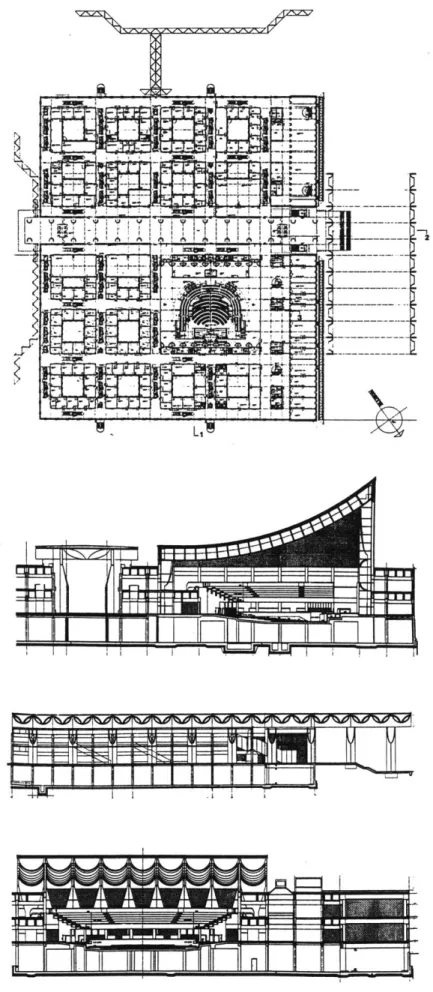 Fig. 25  National Assembly  Build- Build-ing, ground floor plan, longitudinal section in  main  corridor and  cross sections in Assembly Hall.