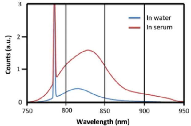Fig. 2 Fluorescence emission spectrum of ICG excited at 785 nm in both aqueous solution and serum at a weight volume of 0 