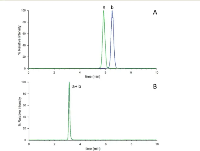 Fig. 2 LC-MS/MS analysis of di ﬀ erentially dansylated domoic acid in mussel tissue extract showing separation of DNS-d 6 -DA (a) from DNS-DA (b) by RPLC (A) and their co-elution by HILIC (B).