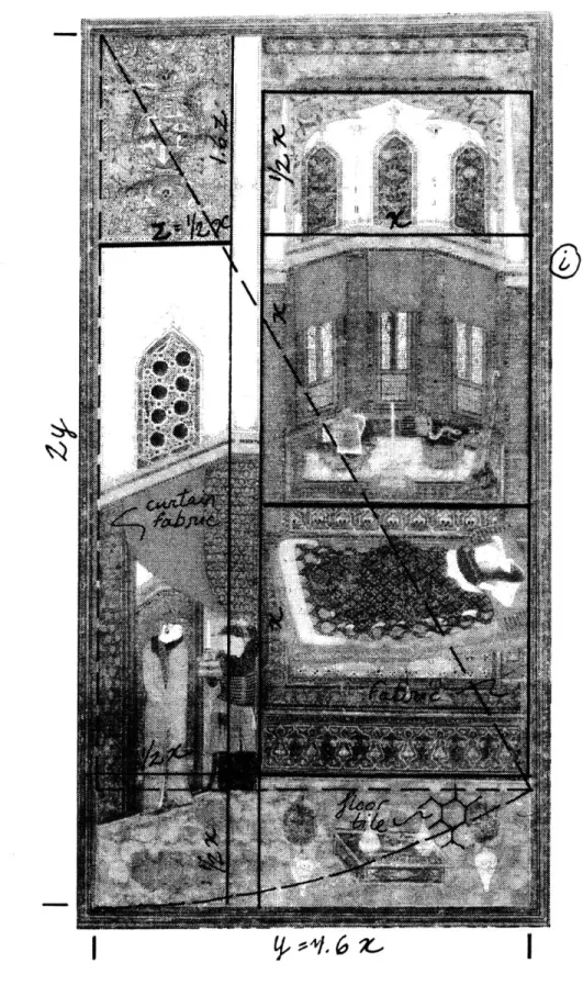 Fig.  4a.  Overlay - Juxtaposition  of  plan  and  elevation in Miniature Fig.  4b.  TAHMINA  ENTERS  RUSTAM'S  CHAMBER  (A42)