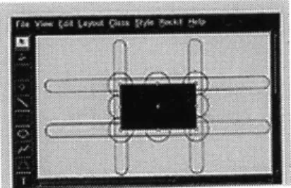FIGURE  5. 11  immediate,  "in  your  face"  suggestions,  while  at  other  times  it  sup- sup-Rockit system  showing gravity field  ports  the  more  direct  manipulation  of  interface  and  design   compo-regions for  connectors and aligners o