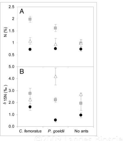 Figure 1. (a) mean (±1 Se) of nitrogen content (%) and (B) δ 15 n (%) of Aechmea mertensii leaves  (filled circles), root-embedded carton-nest (grey square) and phytotelmata leaf litter (empty  tri-angle) for Camponotus femoratus (n = 10), Pachycondyla goe
