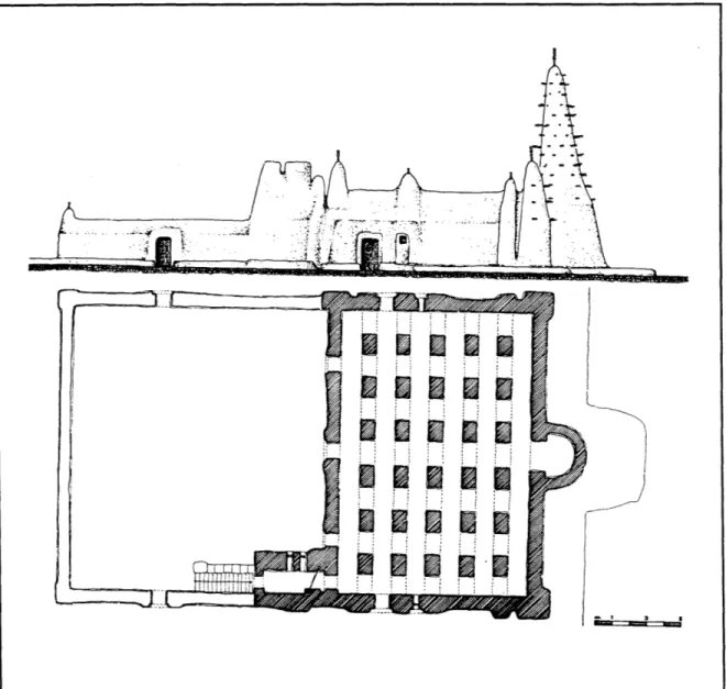 Fig.  0.12:  The  Mosque  at  Bla,  Mali-Plan  and  Elevation.  As  seen  in this building,  the  mihrab  and  the  minaret  become  one  --  a common  feature  of most  Mande  mosques