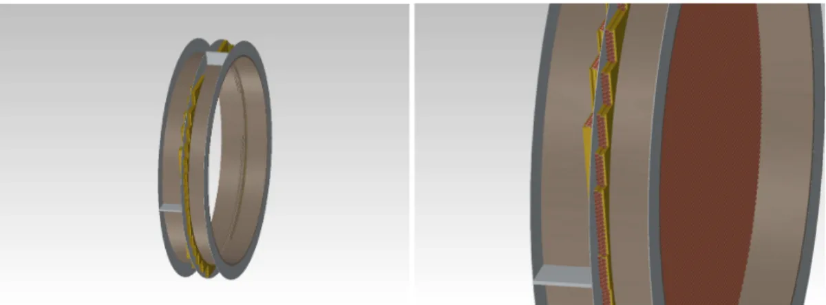 Figure 48: Design of the support structure for one tracker station. (Left: Overview of one station without straws, Right:
