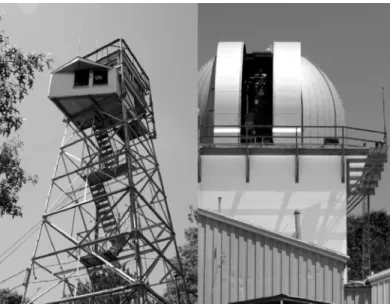 Fig. 1.  Fire tower housing the transmitter and telescope dome housing the receiver.  These platforms were separated by a  distance of 5.4 km