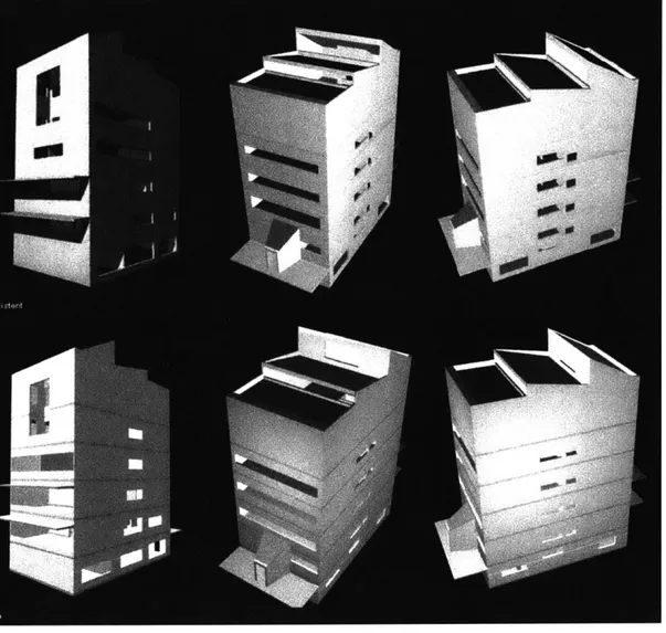 Fig  05.  3D  comparative  results  between  the  'best'  GA  solution  [row  below]  with  the  existent  building [row above],  [p  105].