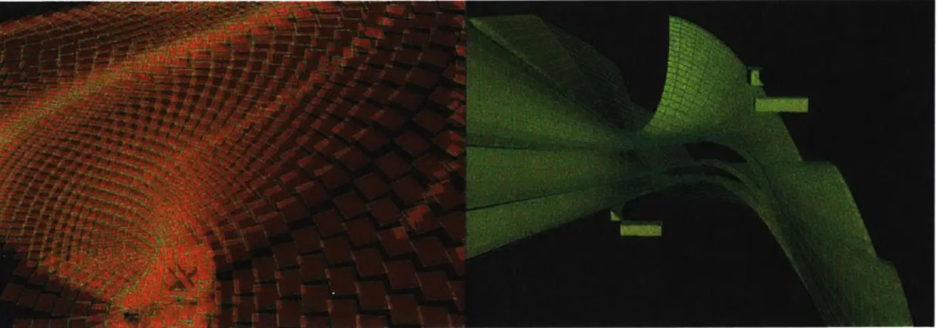 Fig  011.  Generic  configuration  of  a 3D  MoSS'  environment.  Image  on  the  left  illustrates  one  basic rectangular  grammar  and  its  evolution  by  L-Systems;  image  on  the  right  shows  reppelors  and attractors  as  agents  that  modify  th