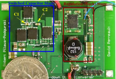 Figure 3.1: Photograph of experimental prototype with switched-capacitor stage and regulation stage outlined