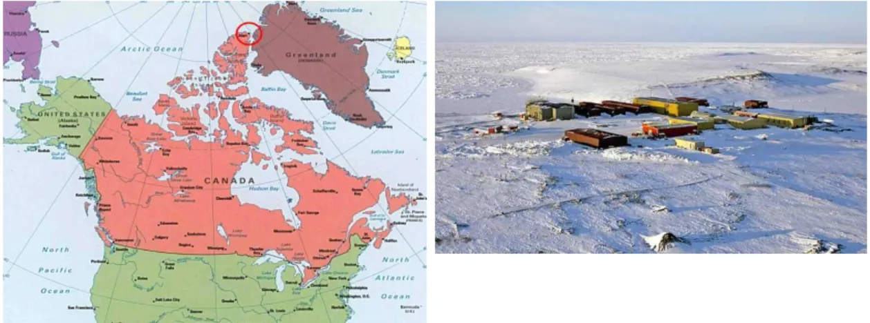 Figure 1. CFS Alert location, and photo of the site (www.science.gc.ca 2006 Lorita On-Ice Expedition.).