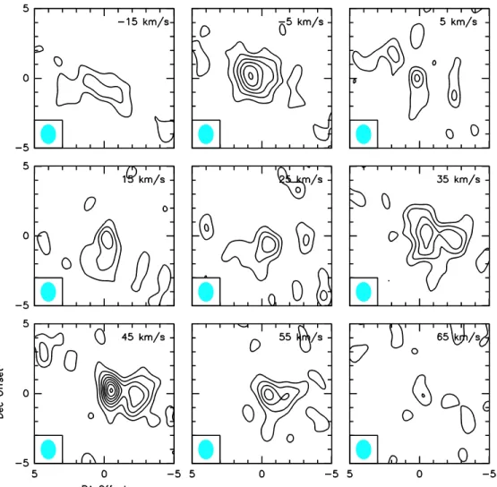 Figure 4. Channel maps of SO 2 4(2,2)–3(1,3) emission at 235151.7 MHz toward VY CMa. In each panel, emission is integrated over a 10 km s − 1 wide velocity range centered on the velocity indicated on the top right corner