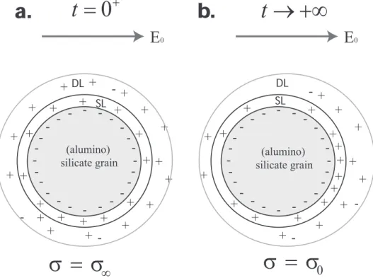 Fig. 3. Polarization of a metallic grain. a. We consider a metallic particle immersed into a non-polarizable background material in which the charge carriers are ions