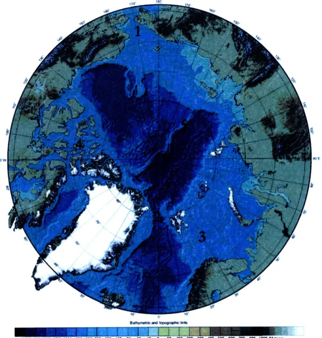 Figure  1-1:  Map  of the Arctic  with  bathymetry  from  the  International  Bathymetric Chart  of the  Arctic  Ocean  (IBCAO)