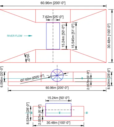 Fig. 1  Design sketches of the hydrokinetic power barge (base case design). 