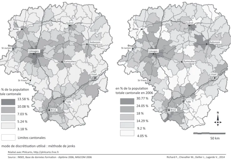 Figure 3 : néo-Limousins et recompositions socioculturelles des espaces ruraux : l’exemple des diplômés (diplômes supérieurs à bac+2)    Newcomers in Limousin and sociocultural restructuration of rural areas: the example of graduates (Baccalaureat + 2 and 