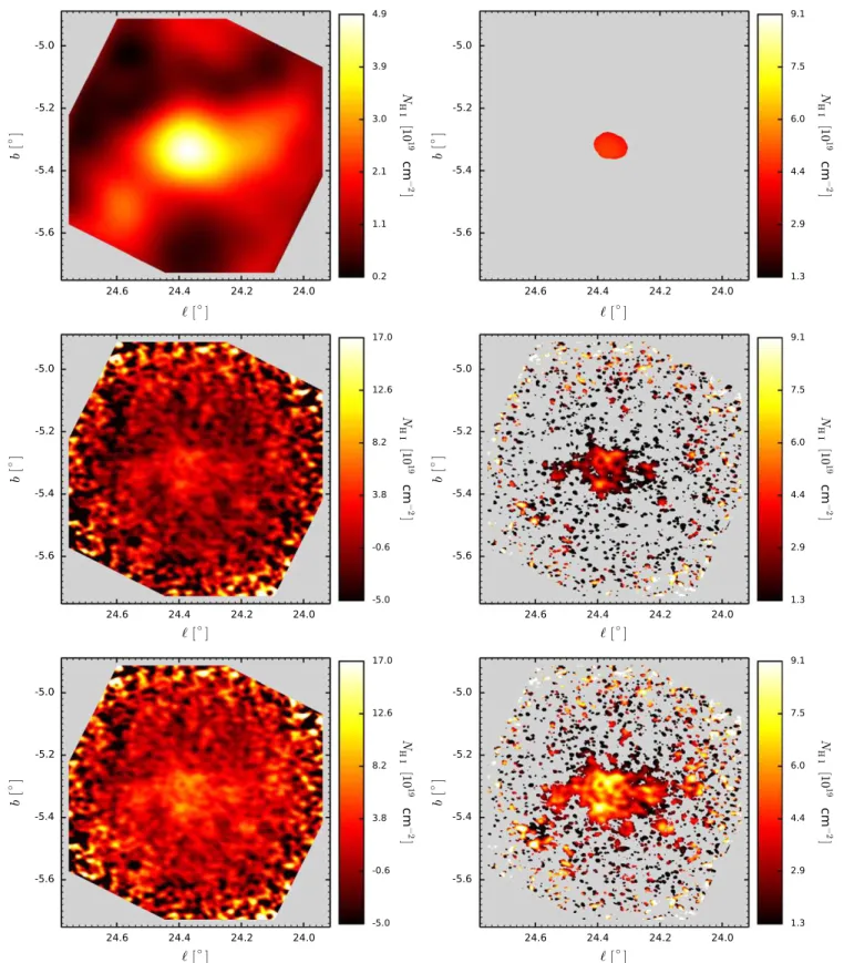 Figure 21. H I column density maps for G24.3 − 5.3, integrated over 70 spectral channels in the interval 107.0 ⩽ V LSR ⩽ 151.4 km s −1 , as described in the caption to Figure 9.