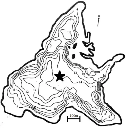 Figure 7. Bathymetric map of Lake Aydat. Star represents the point where the core has sampled