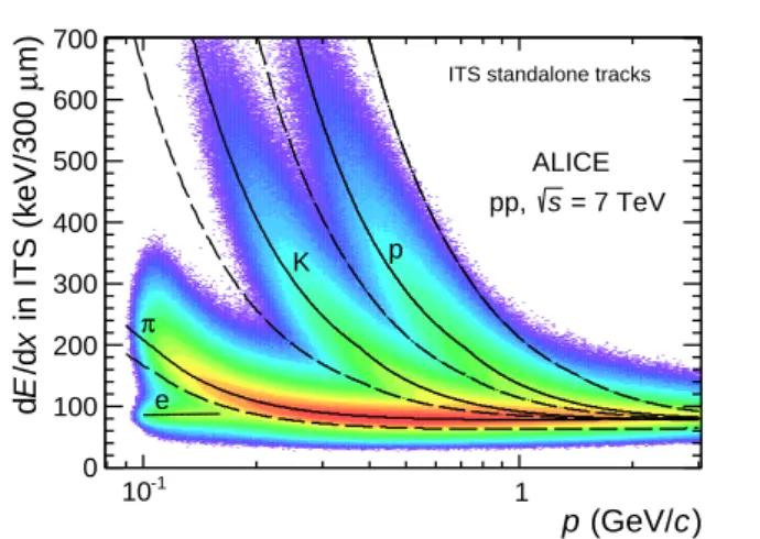 Fig. 1: Distribution of dE/dx as a function of momentum (p) measured in the ITS using ITS-sa tracks in |η| &lt; 0.9.
