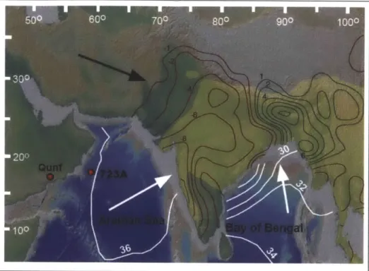 Figure  1. Physiographic  map  of the  Indian  peninsula  and  adjacent  ocean  regions  with yellow  shading  for  the region where  precipitation  rate is 4  mm/day or higher  during  June-September